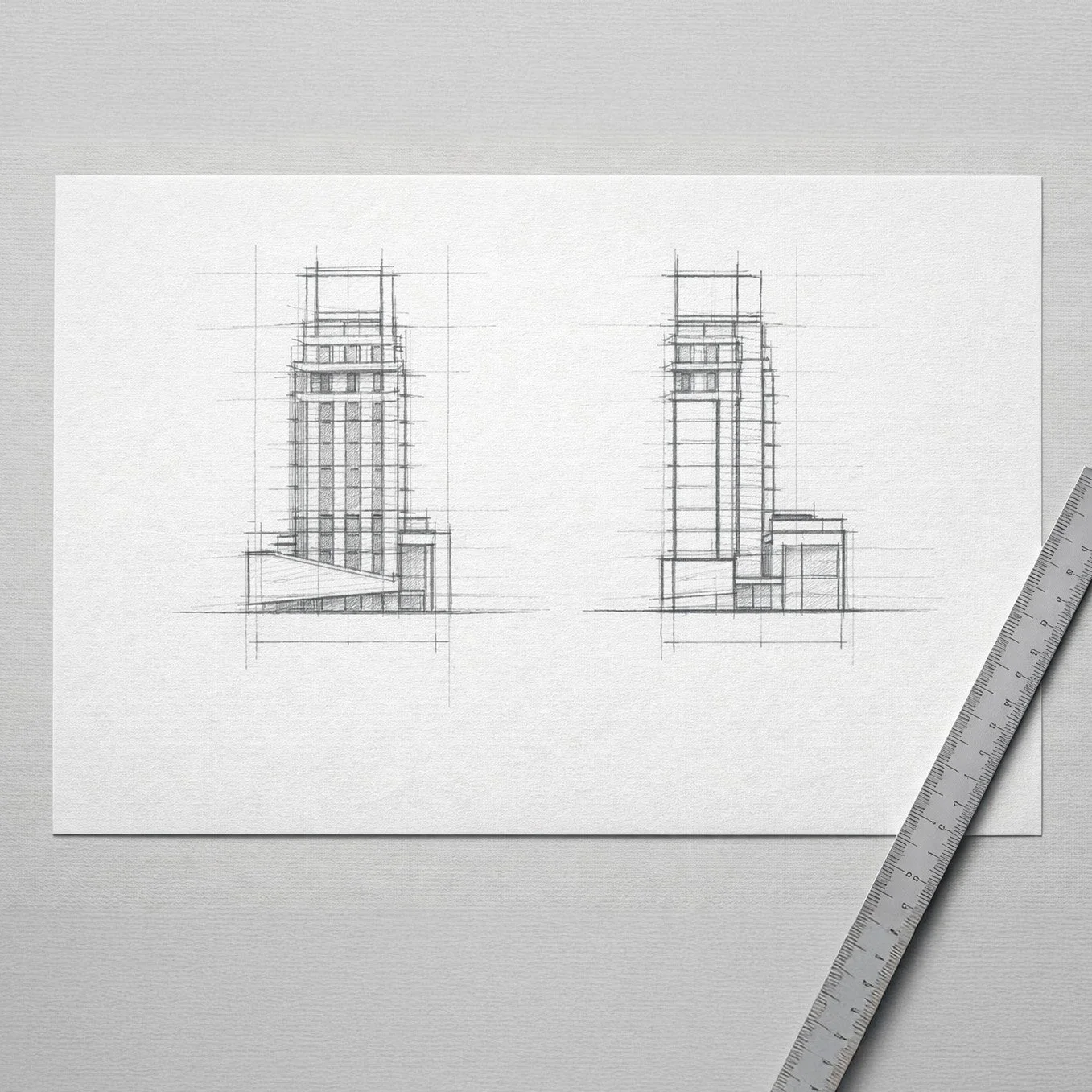 Early concept sketch sheet showing alternate composition studies and key detail callouts.