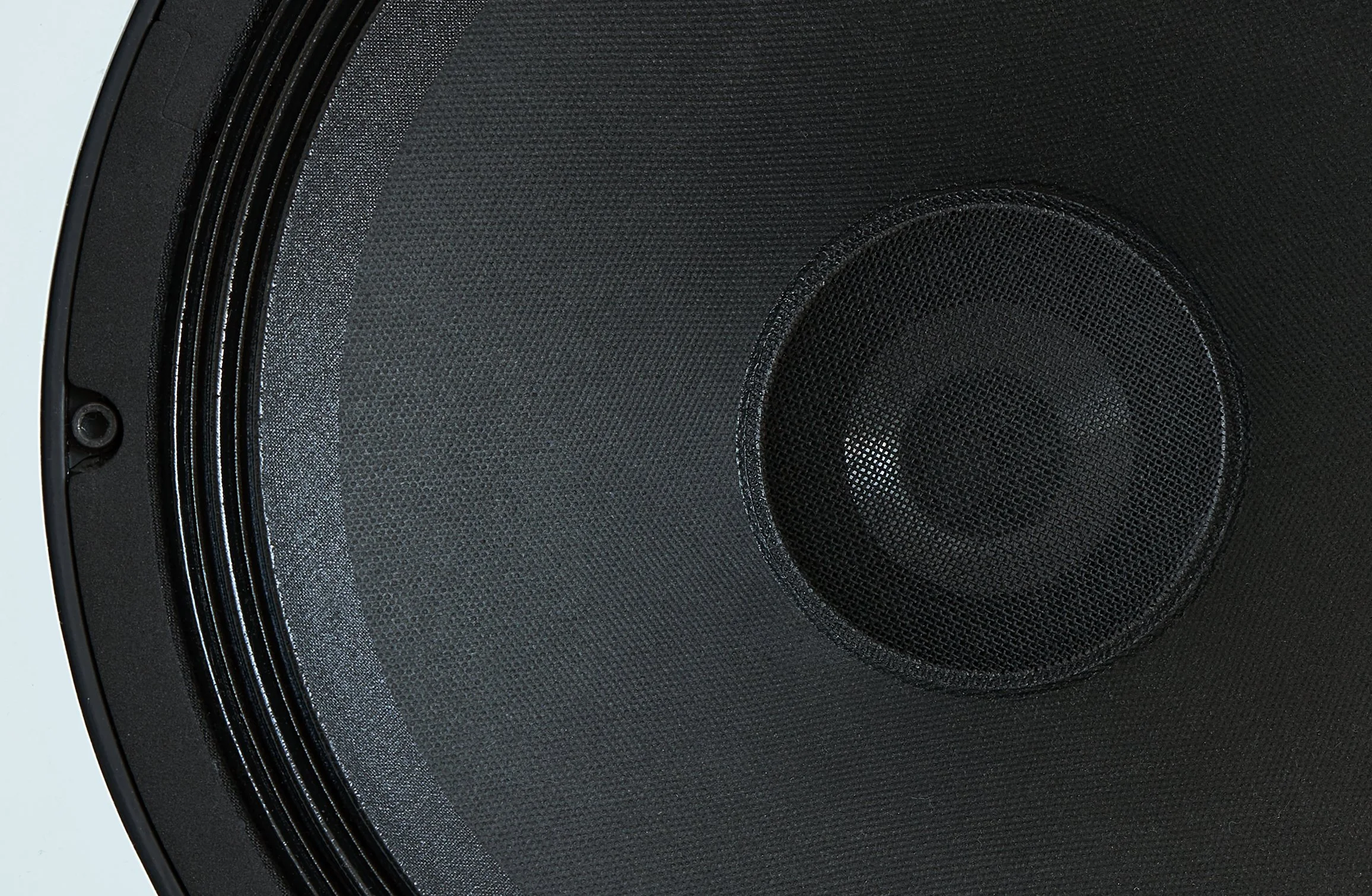 Close-up of a large black speaker with a mesh covering