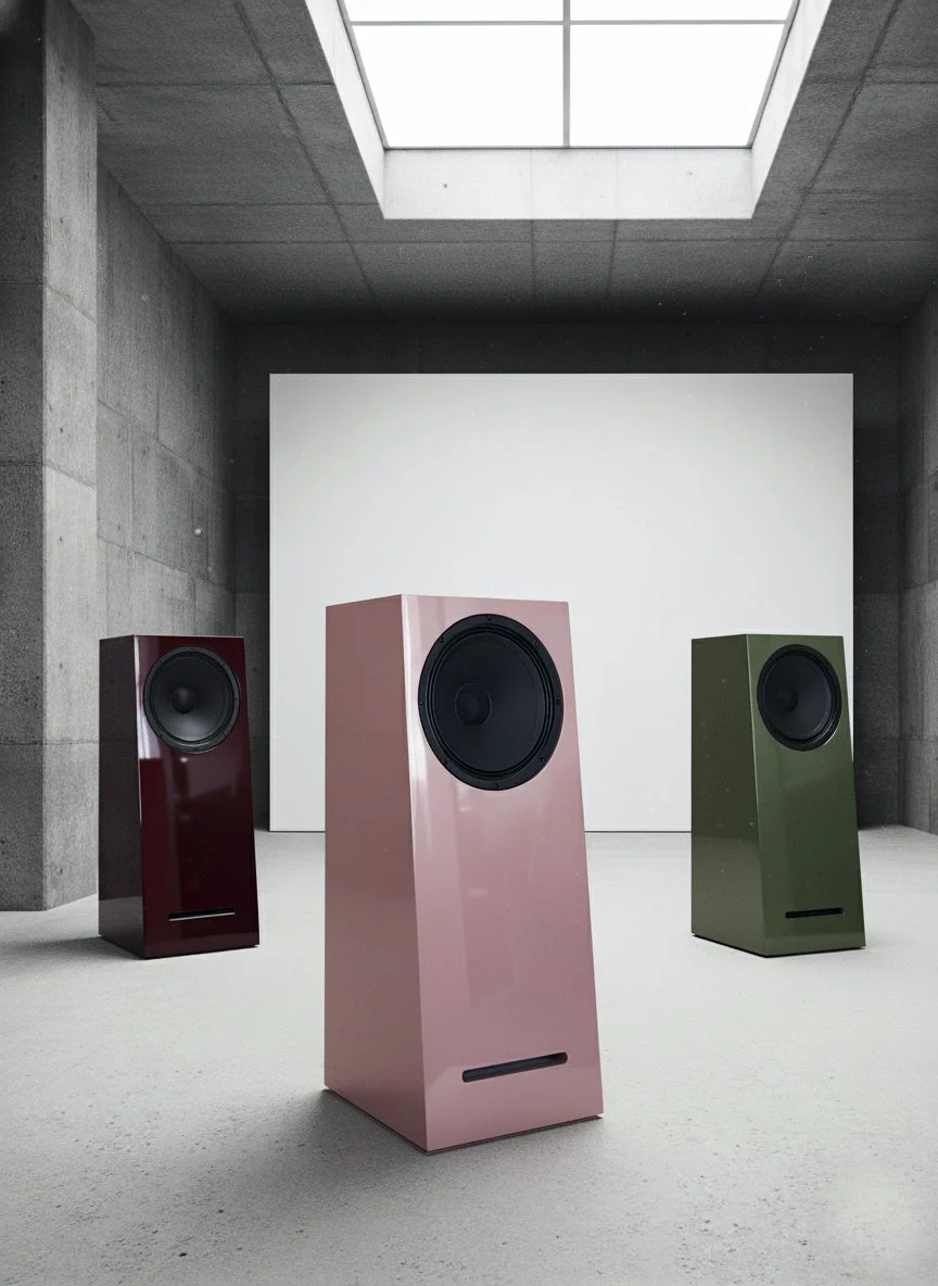 Three colorful modern speakers in a minimalist room with concrete walls and a skylight ceiling.