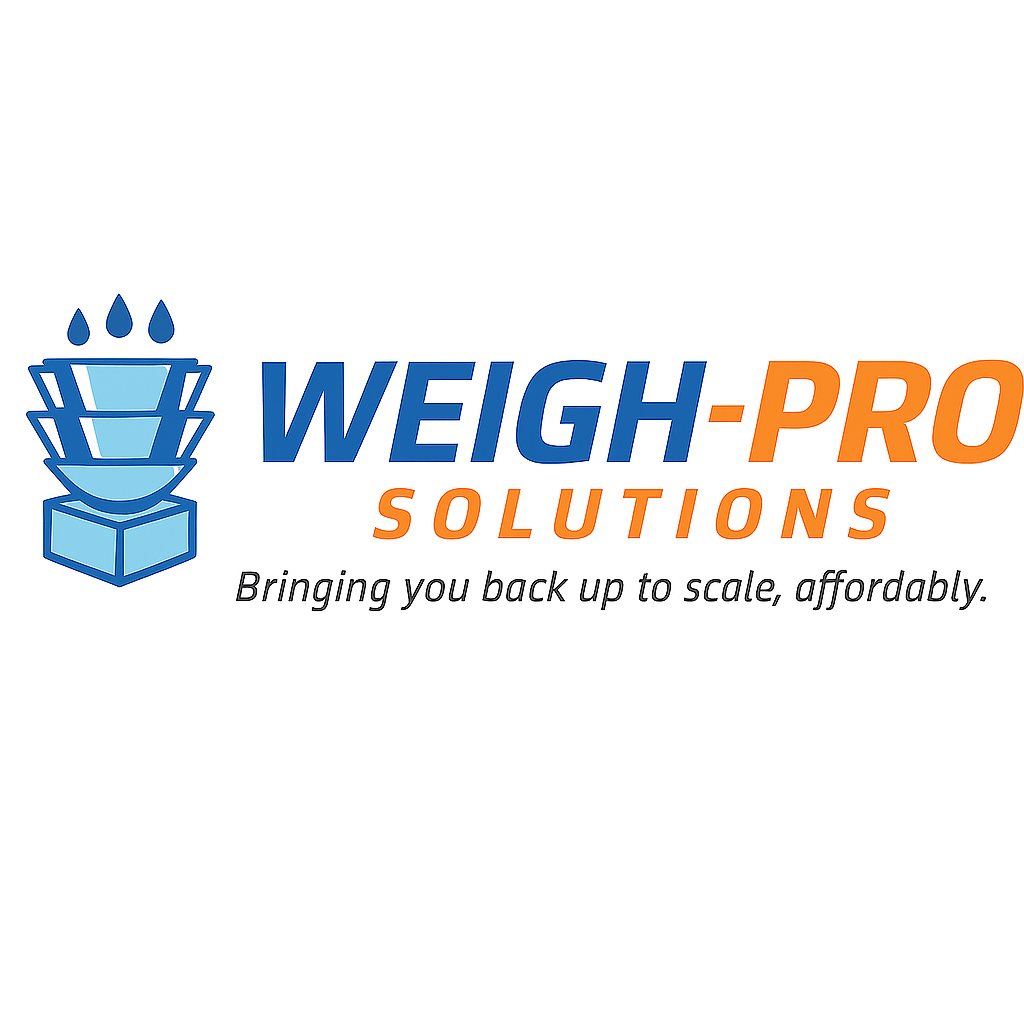 Logo for Weight-Pro Solutions featuring a blue weighing scale with droplets and the slogan 'Bringing you back up to scale, affordably.'