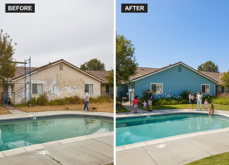 Landscape of a lake with surrounding hills and towering mountains in the background, under a cloudy sky.