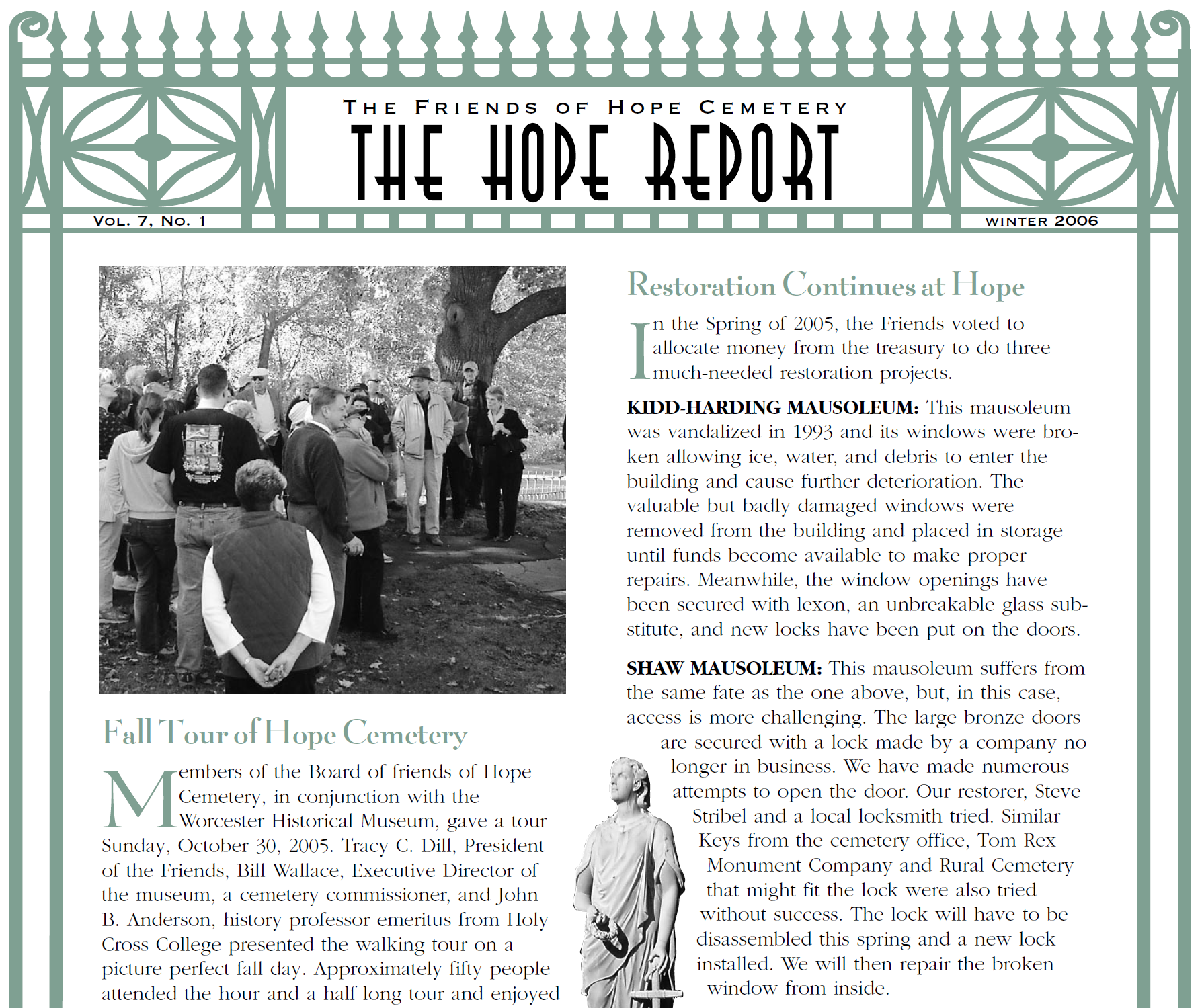 Newsletter titled 'The Hope Report' from The Friends of Hope Cemetery, Winter 2006, featuring a black and white photo of a group of people gathered outdoors under a large tree.