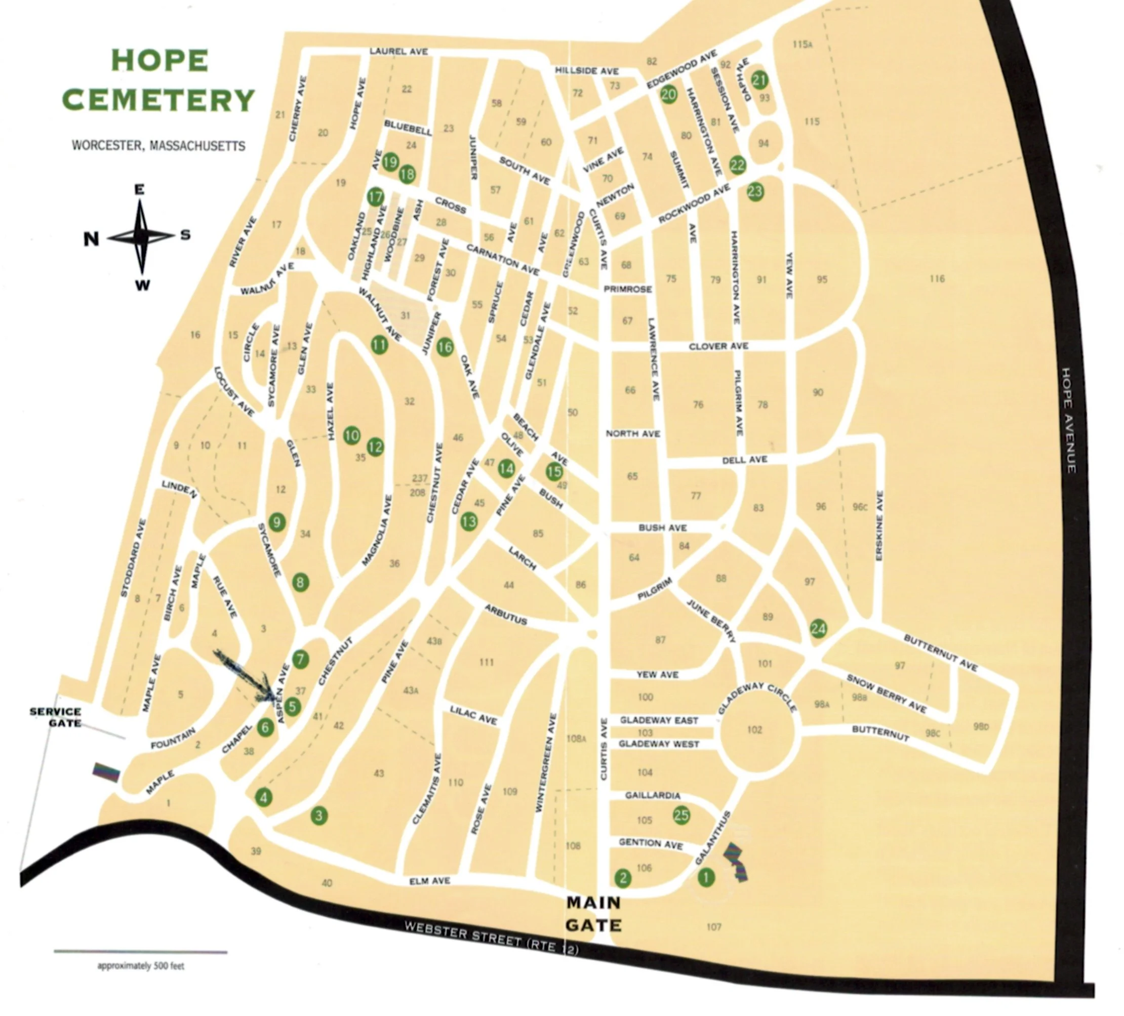 Map of Hope Cemetery in Worcester, Massachusetts, showing numbered gravesites, streets, gates, and surrounding area.