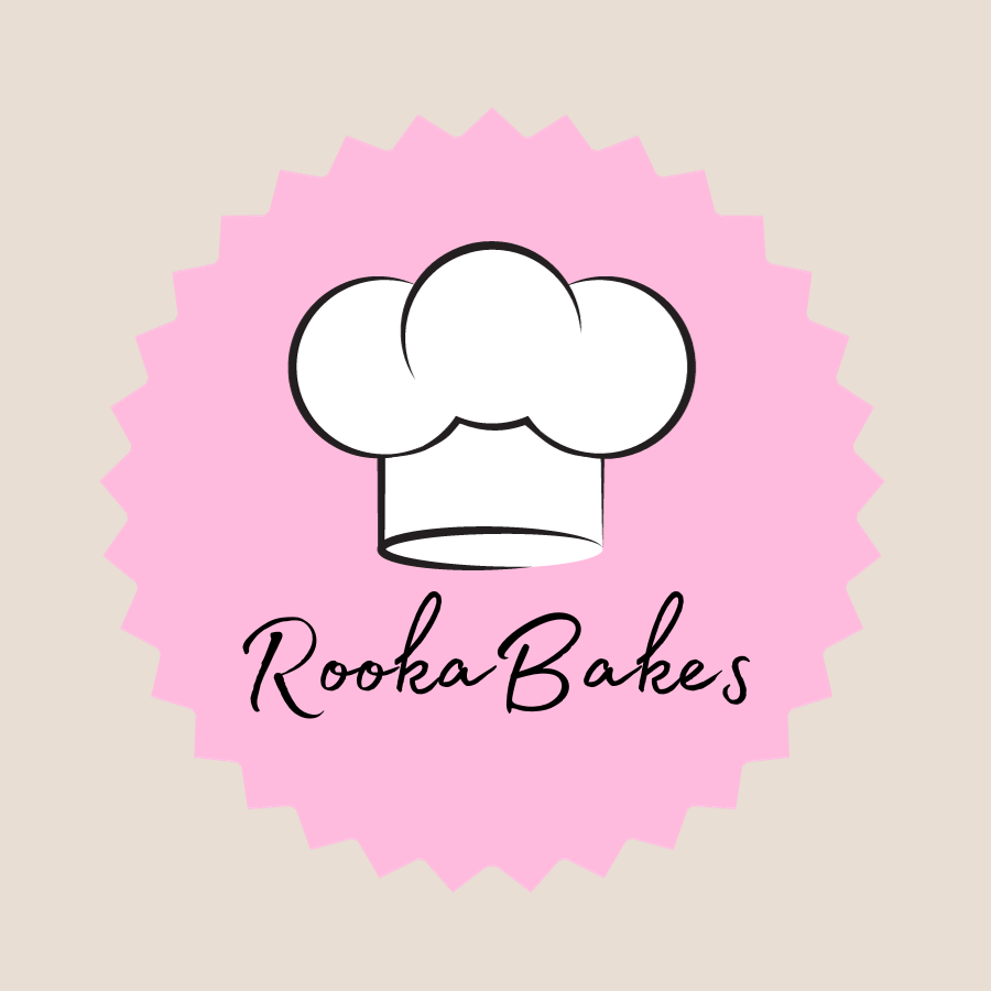 Logo for Rooka Bakes featuring a stylized chef's hat above the text 'Rooka Bakes' on a pink burst background.