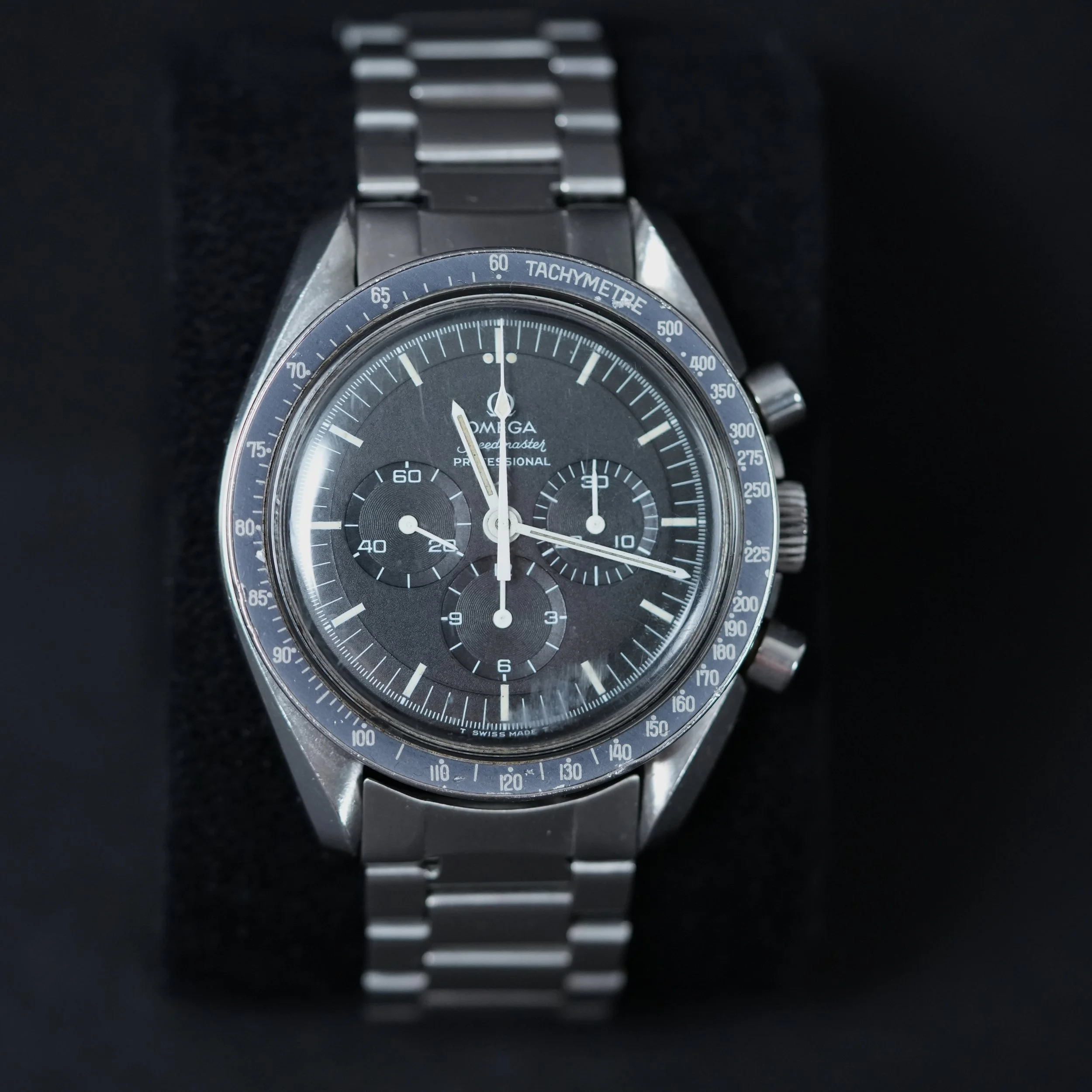 1969 Vintage Omega Speedmaster 145.022-69ST Rare “Straight Writing” Caseback with a faded “Ghost” Bezel.