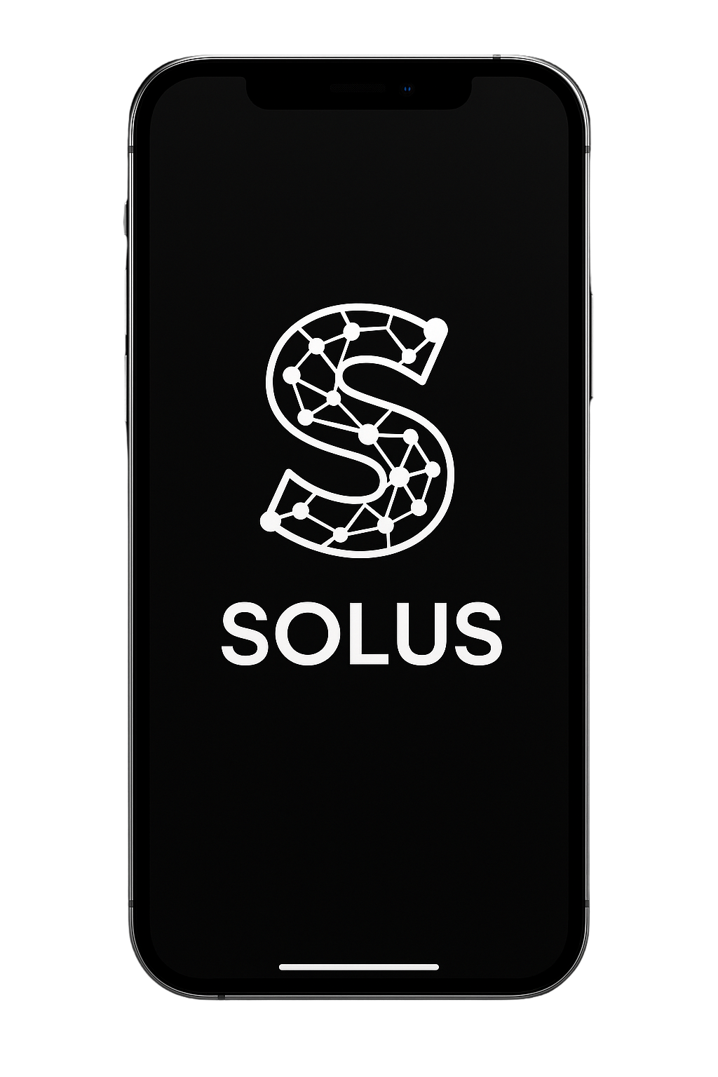 Smartphone displaying the Solus logo, consisting of a stylized letter S made of interconnected nodes and lines, with the word SOLUS below.