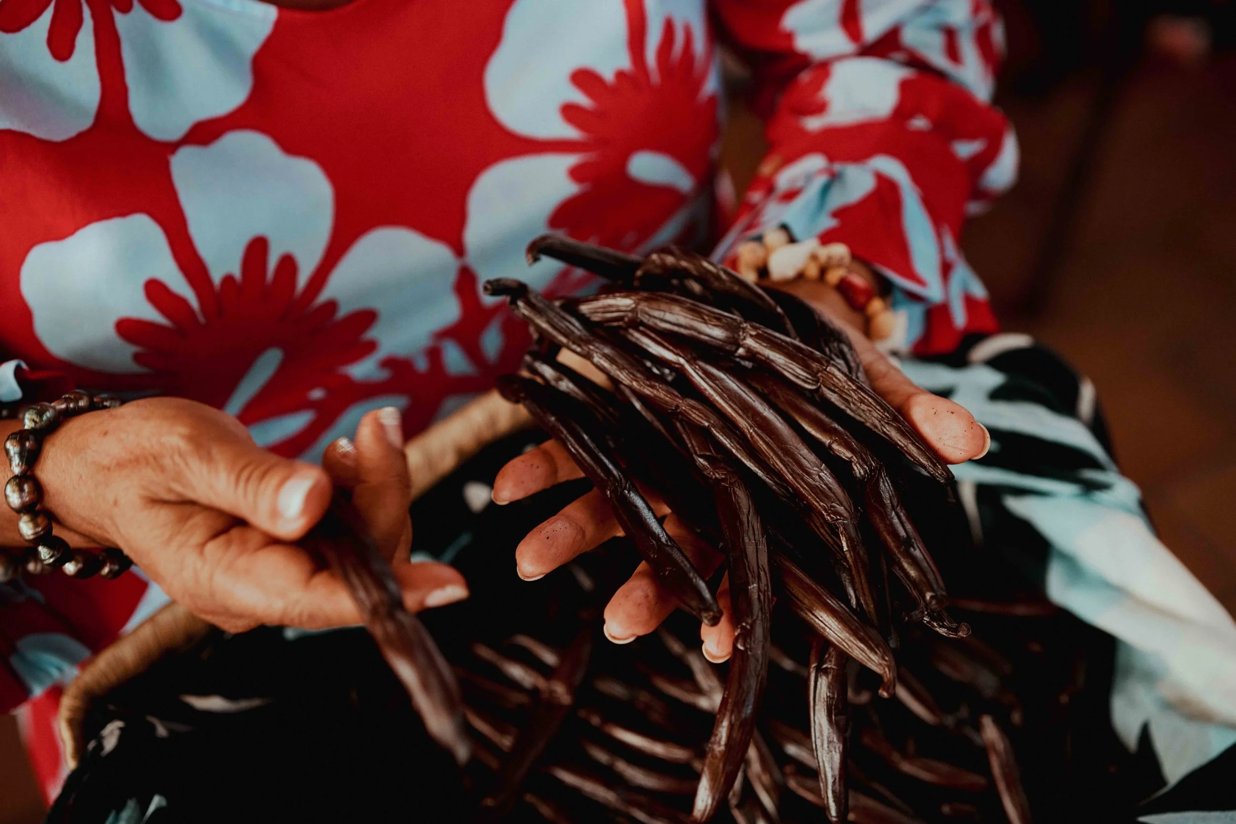 Close-up des mains d'une personne tenant une gerbe de fougères séchées dans un panier en osier. La personne porte un bracelet en perles et des vêtements colorés à motifs floraux.