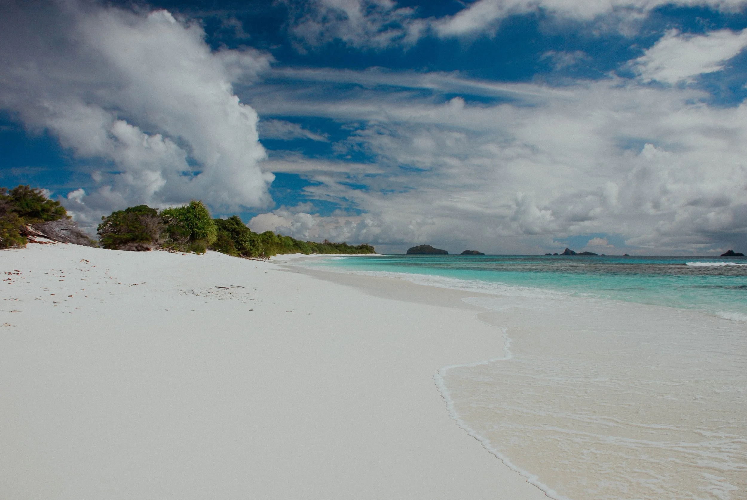 Plage de sable blanc avec des arbres à gauche, mer turquoise et ciel bleu avec des nuages blancs.