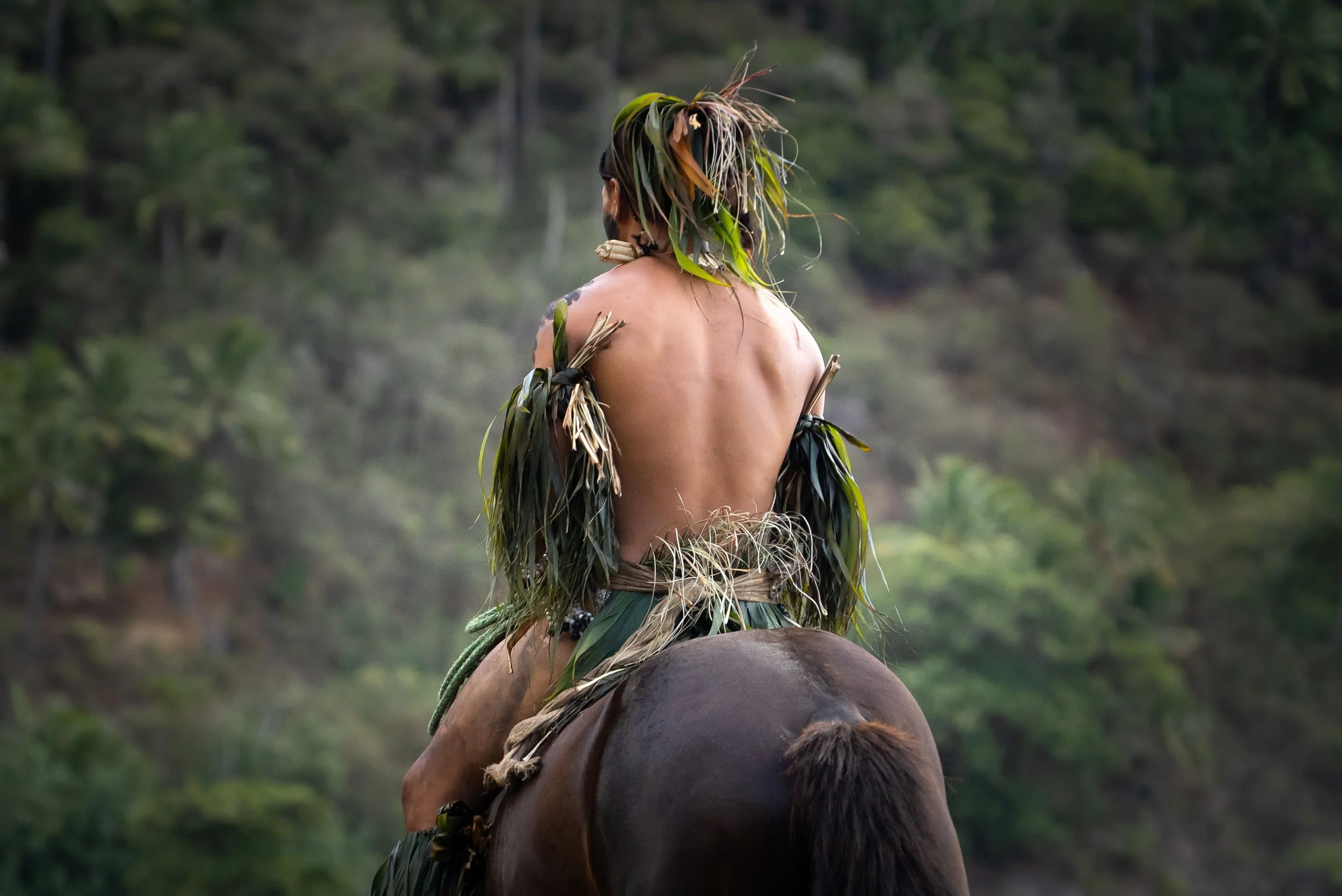 Une personne assise à cheval dans la nature, portant un costume traditionnel en feuilles et herbes.