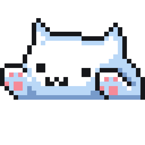 Pixel art image of a cute white cat with pink cheeks and black eyes, against a black background.