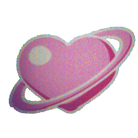 A pixelated, colorful heart with a planet ring around it, set against a pink background.