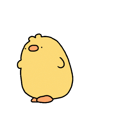 Cute cartoon yellow chick with pink beak standing on a black background.
