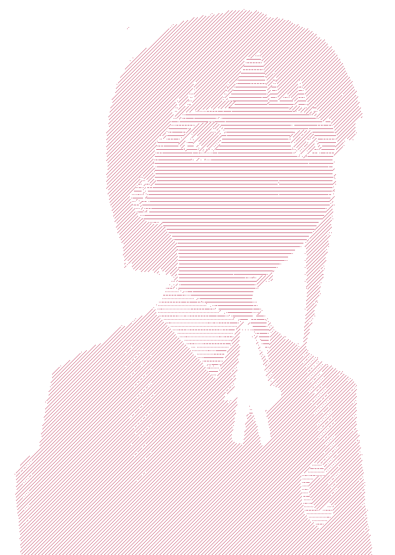 Line art illustration of a girl with shoulder-length hair, wearing a school uniform with a bow tie and a badge on her chest.