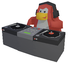 Animated penguin wearing headphones DJing with turntables