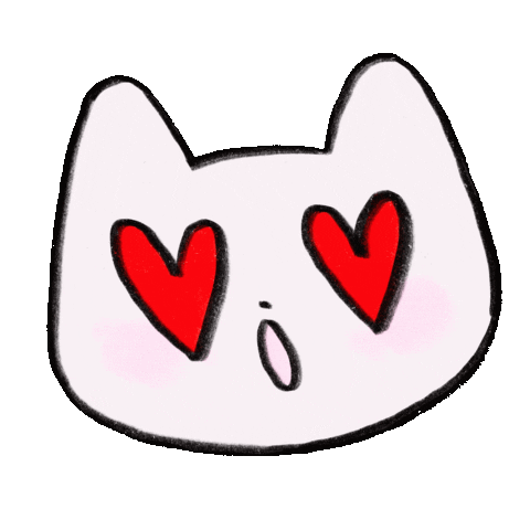 Cartoon cat face with heart-shaped eyes and open mouth.