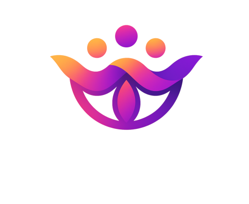 Colorful abstract logo with a stylized face, rainbow hues, and three circular shapes above, accompanied by black text beneath.