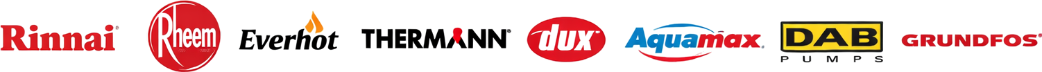 A row of various brand logos on a white background, including Rinnai, Rheem, Everhot, Thermann, Dux, Aquamax, DAB, and Grundfos.