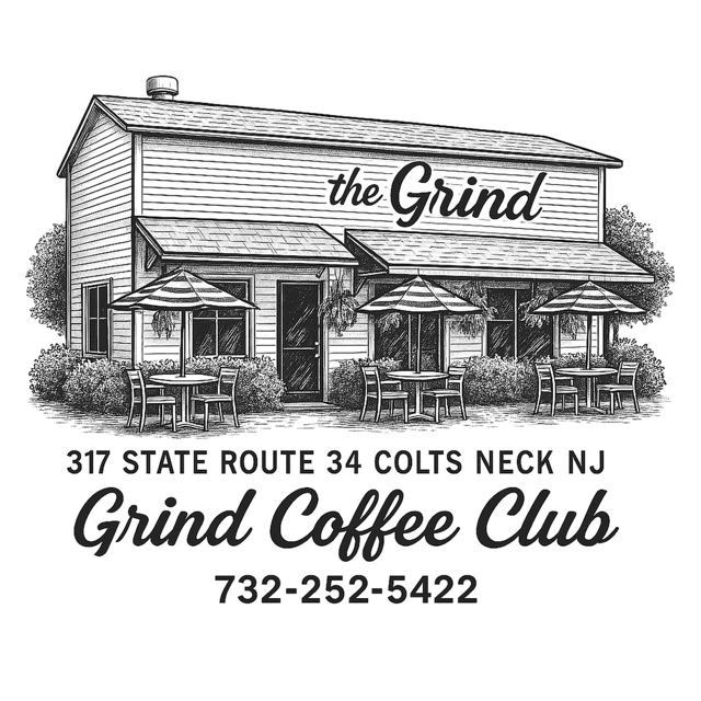 Illustration of a building with outdoor tables and umbrellas, sign reading "the Grind," text with address "317 State Route 34 Colts Neck NJ," and phone number "732-252-5422."