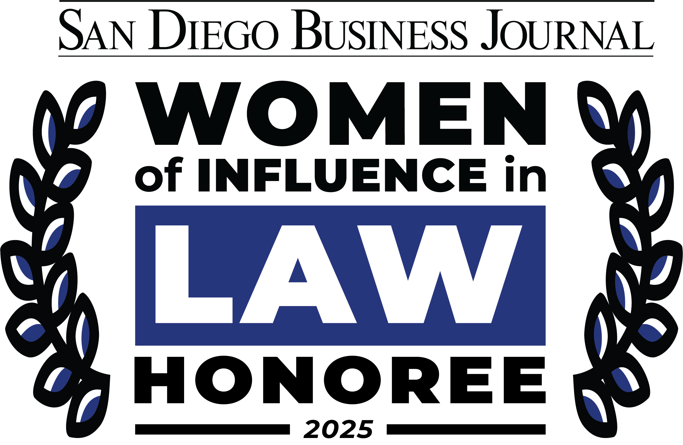 An award emblem from the San Diego Business Journal recognizing Women of Influence in Law, featuring a laurel wreath and text in black and white with a blue background.