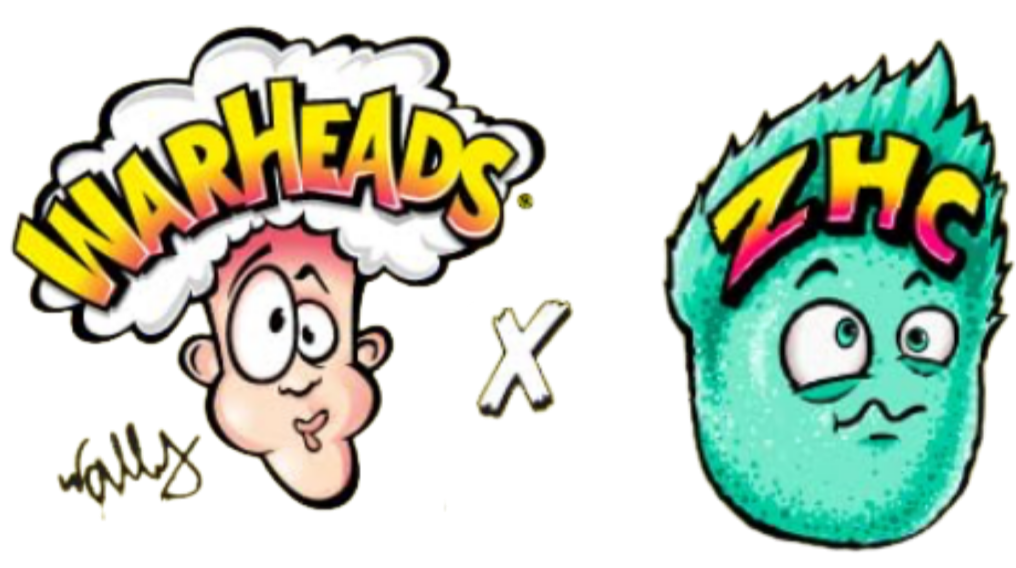 Cartoon illustration of Waryheads with a beige face, large eyes, and a speech bubble with "WARYHEADS" on the left, and THC with a green face, spiky hair, and mischievous expression on the right, connected by a yellow "x" in the center.