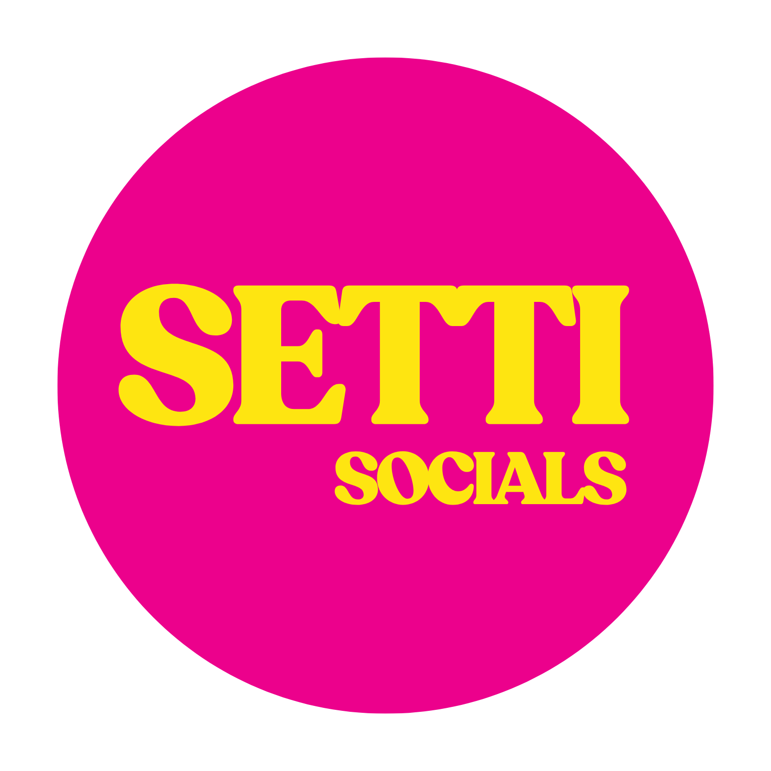 Pink circle with yellow text reading "SETT SOCIALS" in a bold, playful font.