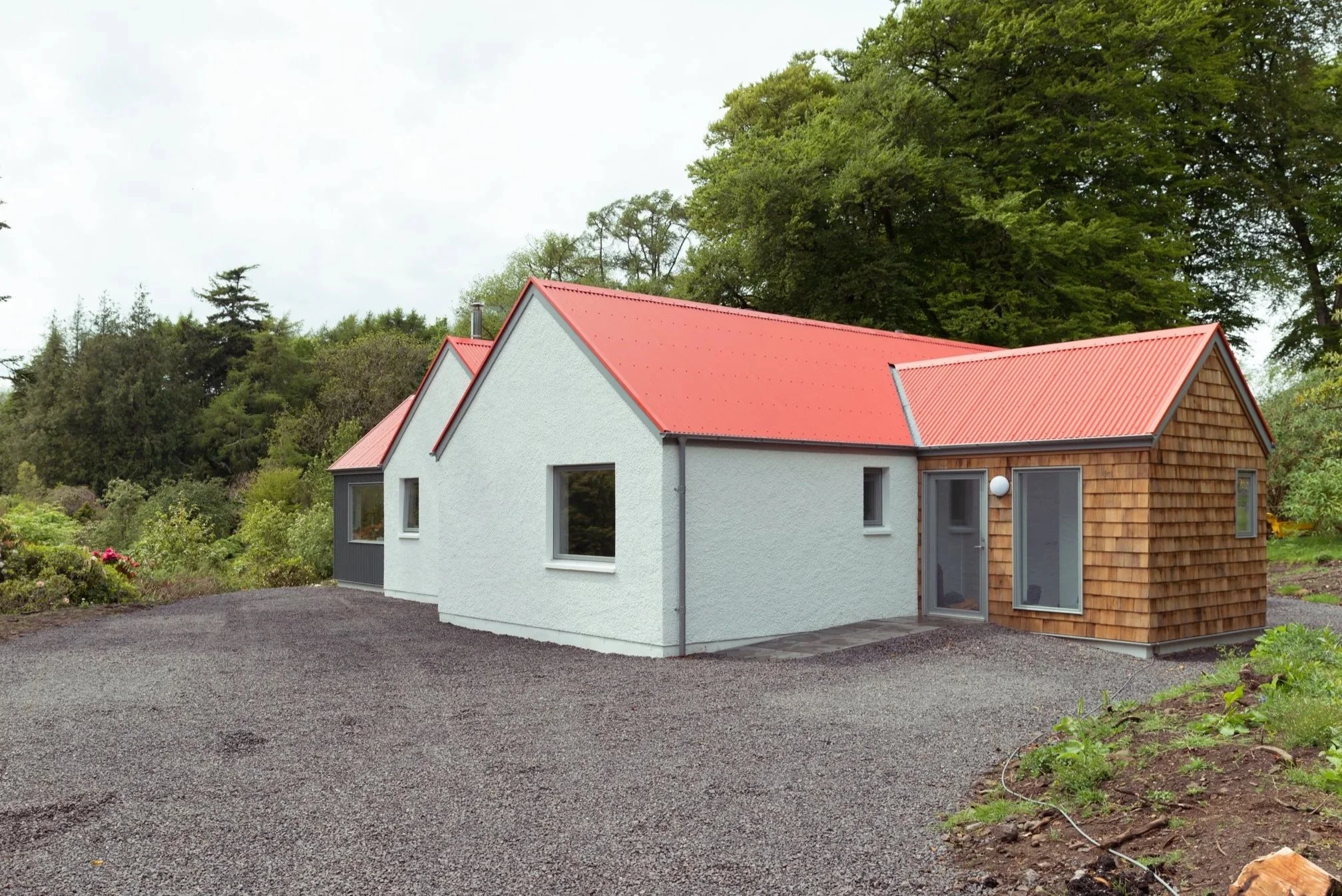 red roof, garden cottage, cedar shingles, forest home, ferns, 