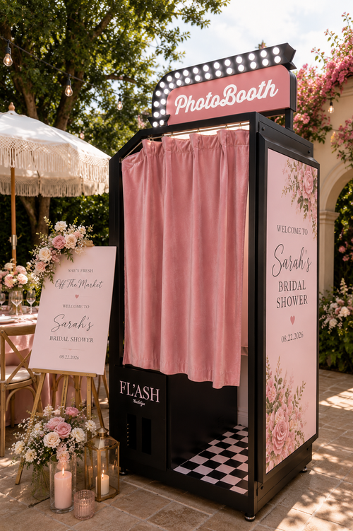 Luxury pink garden bridal shower enclosed photo booth with custom floral branding in Miami