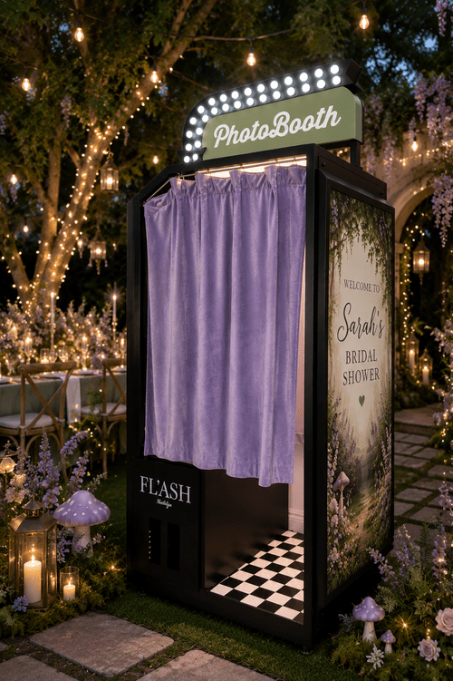 Enchanted forest quinceañera enclosed photo booth with green floral customization