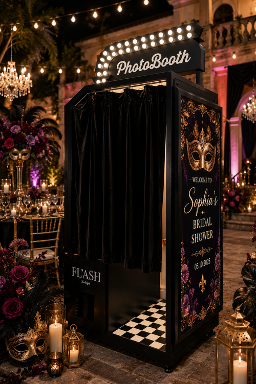 Luxury masquerade themed enclosed photo booth with black velvet curtains and gold details