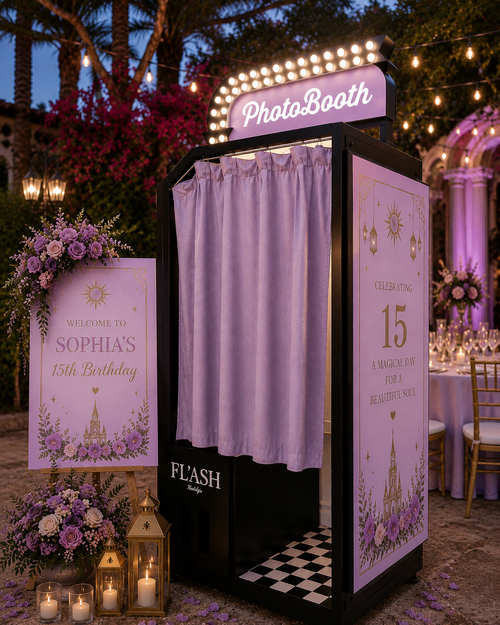 Lavender quinceañera enclosed vintage photo booth with purple floral event branding