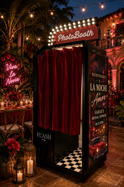 Havana Nights enclosed photo booth with red velvet curtains and Cuban inspired event design