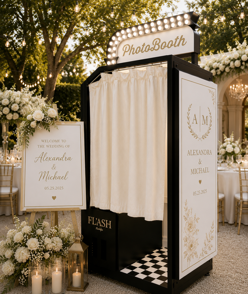 Blush and ivory lace luxury wedding enclosed photo booth with elegant custom branding