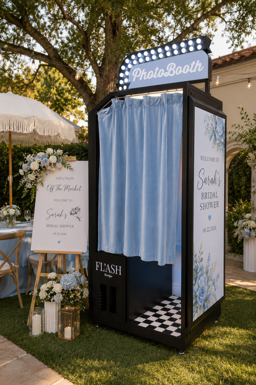 Soft romantic bridal shower enclosed photo booth with custom event colors and floral details