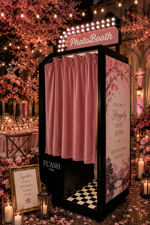 Cherry blossom wedding enclosed photo booth with romantic pink floral customization in Miami