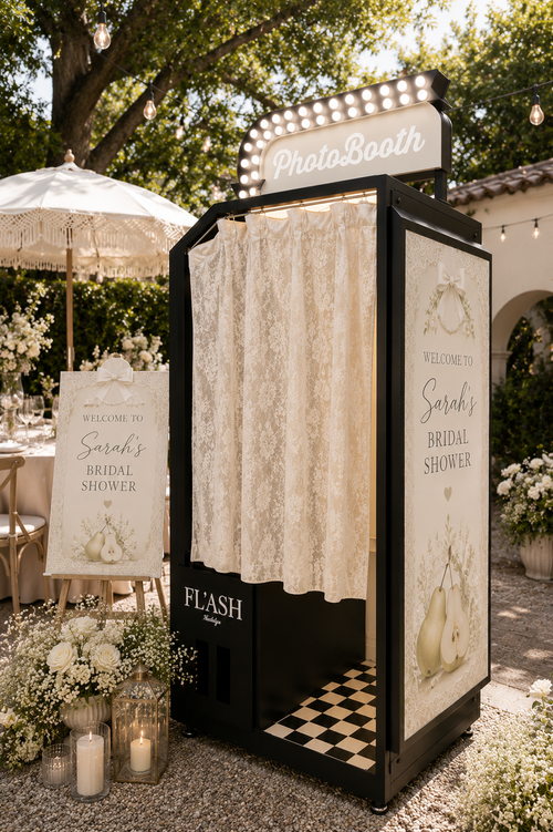 Elegant pear themed bridal shower enclosed vintage photo booth with ivory lace curtains