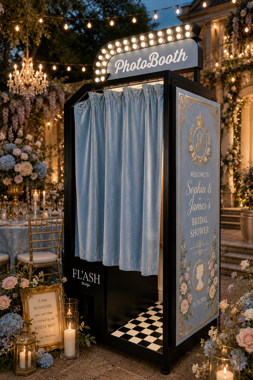 Regency blue quinceañera enclosed photo booth with elegant floral details and custom branding