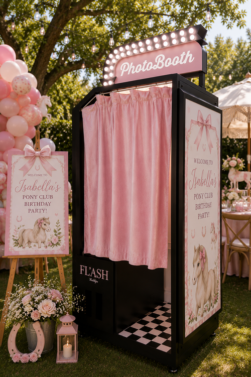 Custom luxury birthday party enclosed photo booth with personalized event branding