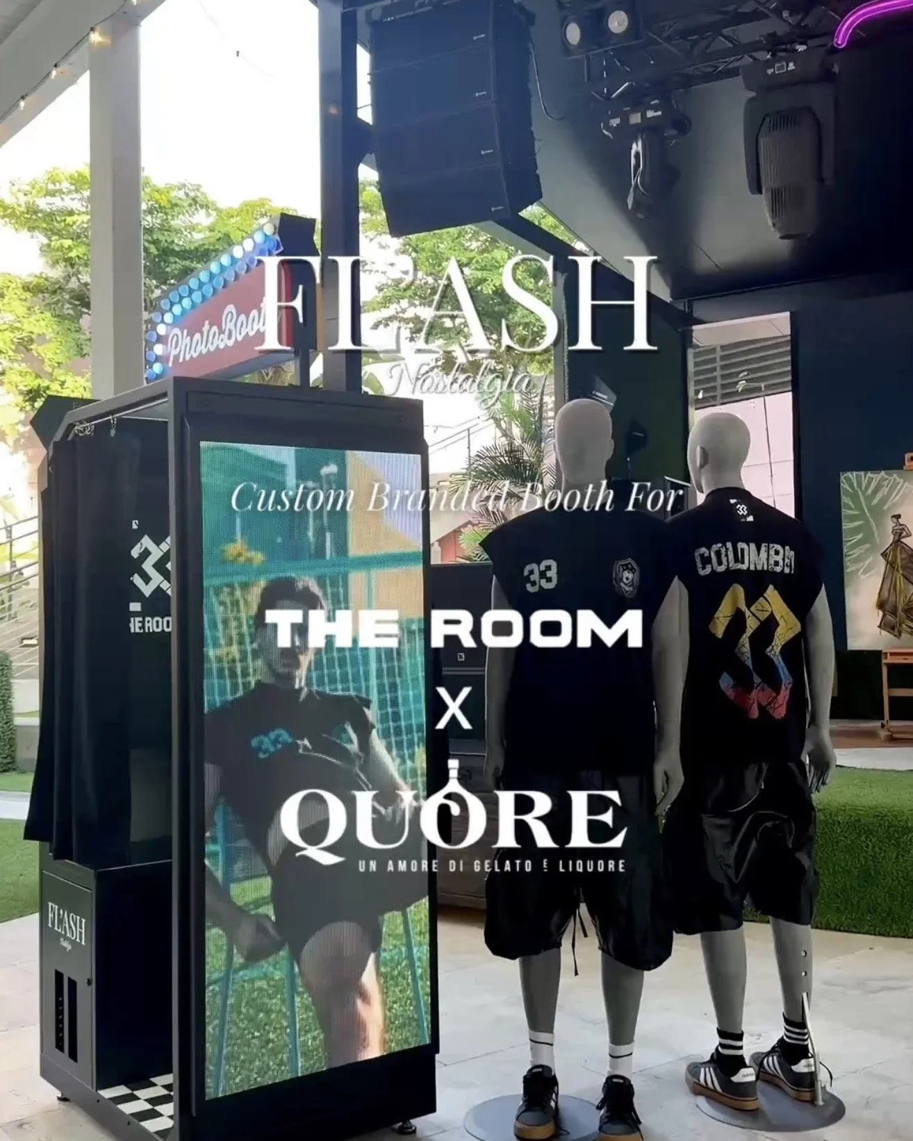 Custom branded photo booth activation in Miami by FL'ASH Nostalgia Booth. Luxury enclosed photo booth rentals for weddings, corporate events, brand activations, and private events across South Florida.