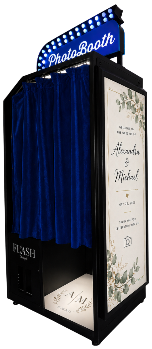 Photo booth with blue curtains and a wedding sign for Alexandra and Michael, dated May 25, 2025.