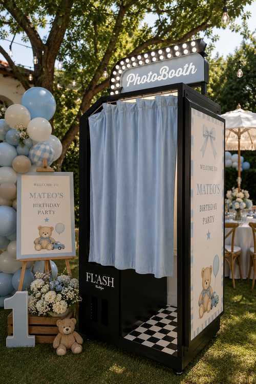 Baby blue first birthday enclosed photo booth with personalized teddy bear design
