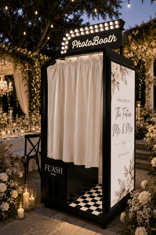 Luxury black and white wedding enclosed photo booth with white curtains and personalized wedding branding in Miami