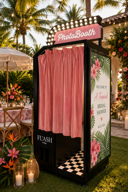 Tropical themed enclosed photo booth with pink curtains and custom floral event branding