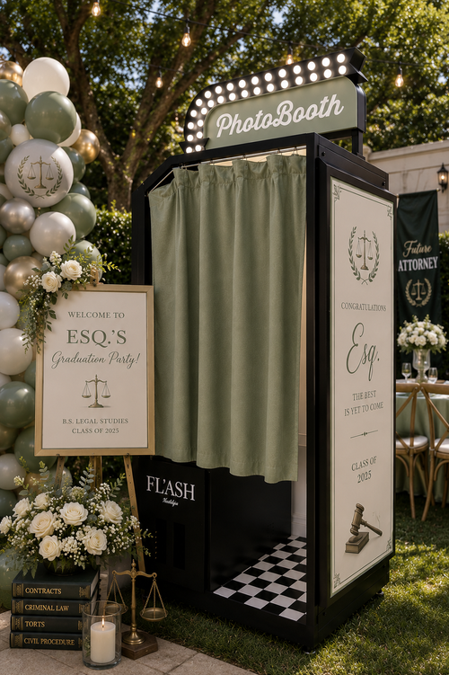 Luxury graduation party enclosed photo booth with custom sage green legal studies theme
