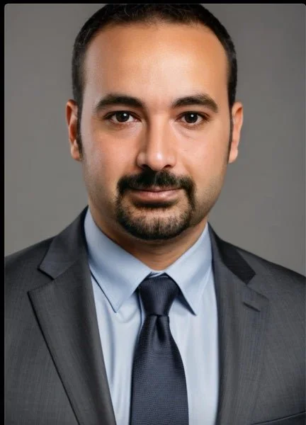 Professional headshot of a man with dark hair, mustache, and goatee wearing a gray suit, light blue shirt, and dark tie, against a gray background.