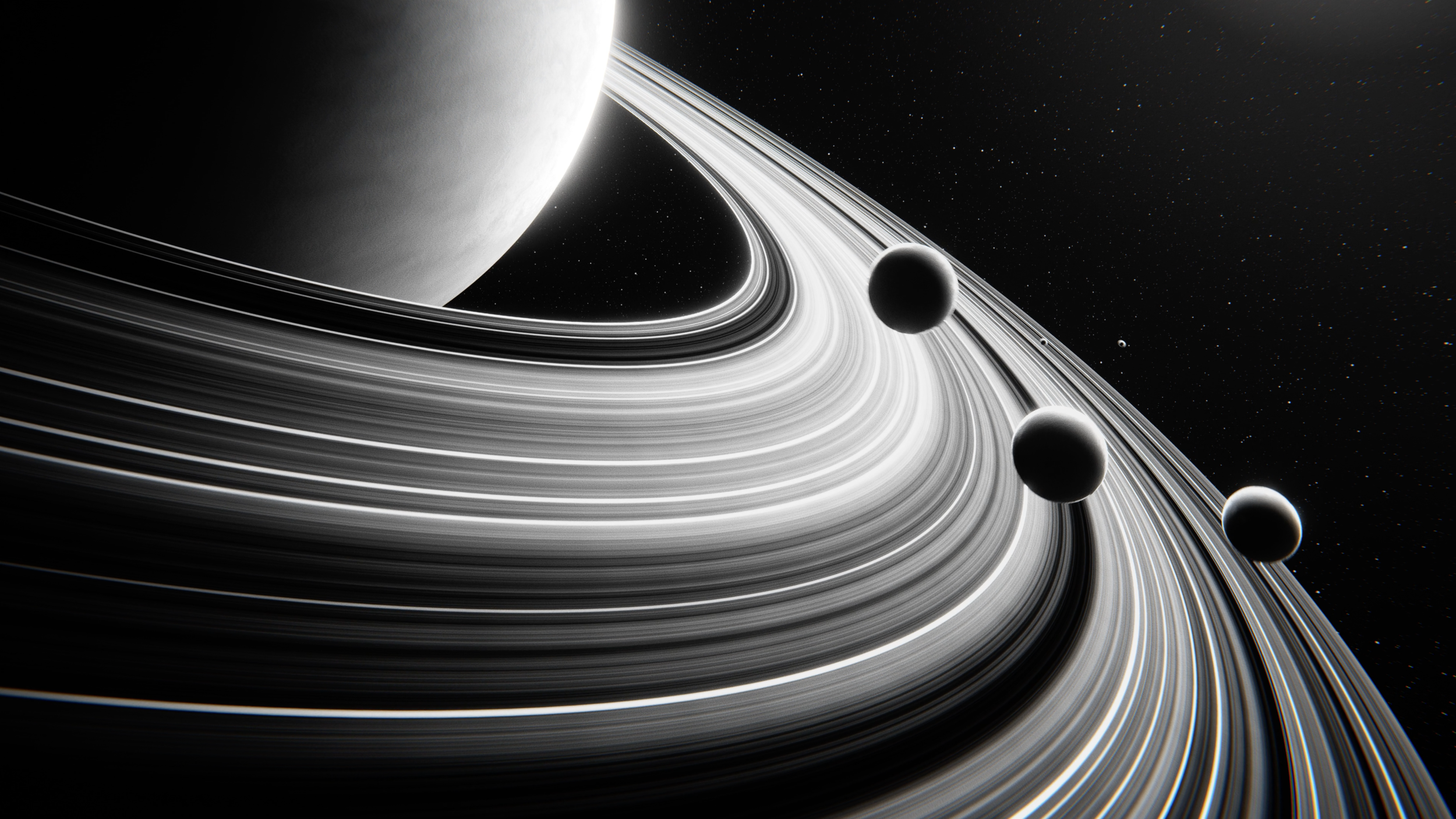 A digital illustration of a planet with rings and four moons against a starry background.