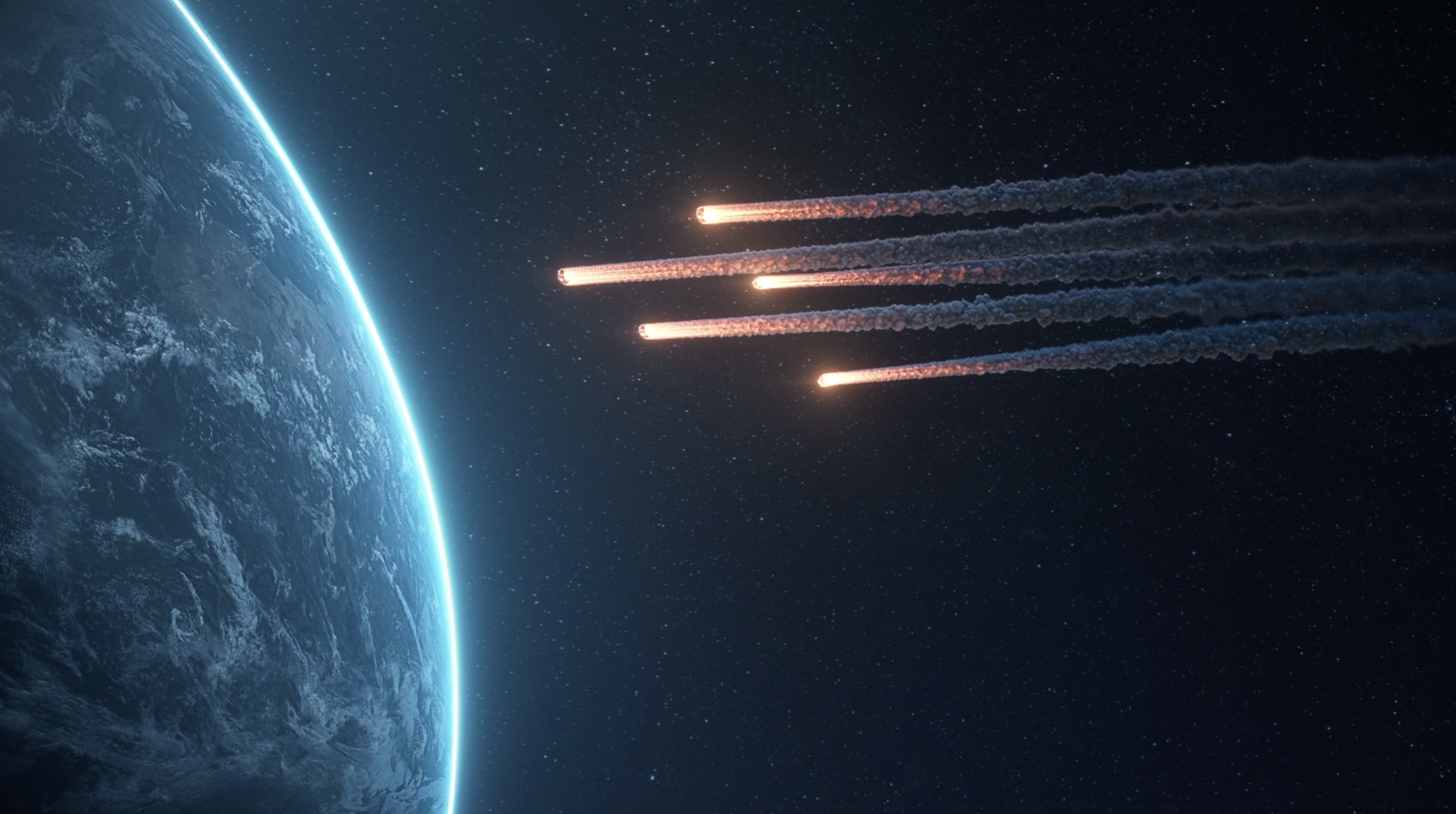 Four meteors streak through space away from Earth, with Earth partially visible on the left side of the image.