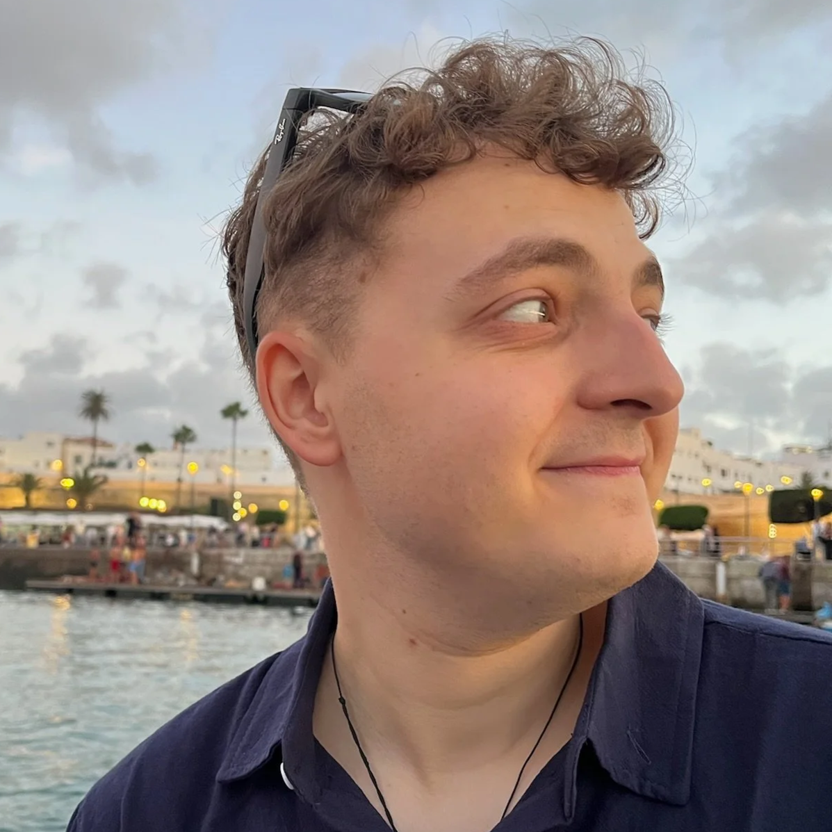 Close-up of a smiling young man with curly hair, sunglasses resting on his head, and a necklace, outdoors near water with a cityscape, palm trees, and cloudy sky in the background.