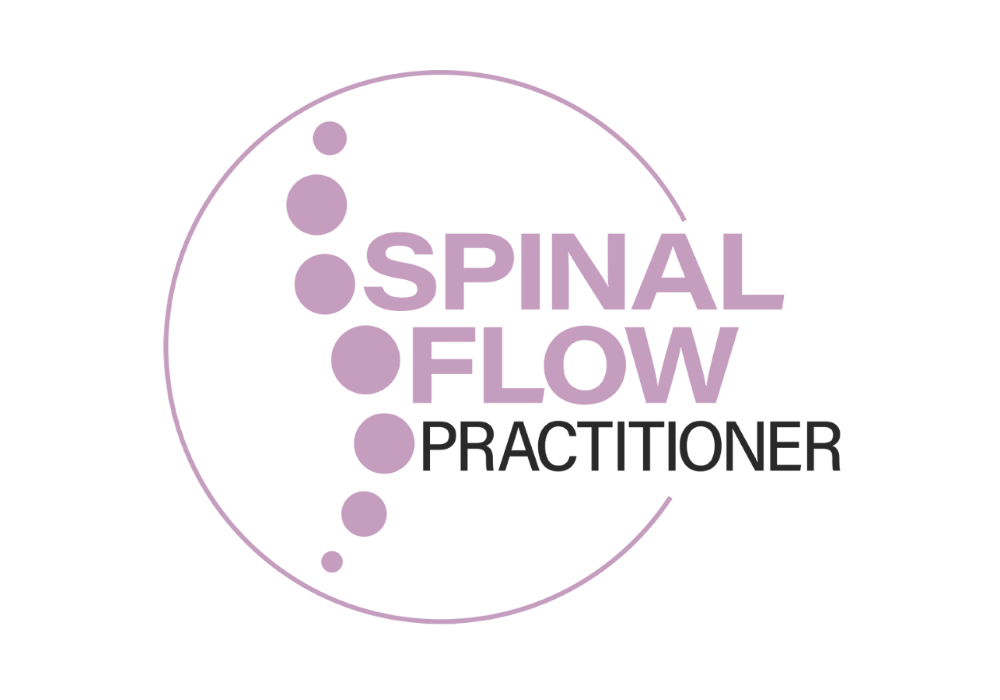 Logo with purple circles forming a vertical line, the words 'Spinal Flow Practitioner' with 'Spinal Flow' in purple and 'Practitioner' in gray, surrounded by a partial purple circle.