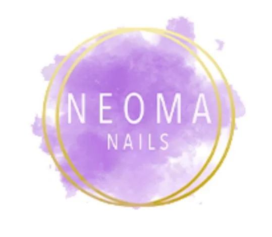 Logo for Neoma Nails with purple watercolor background and gold circular accents.