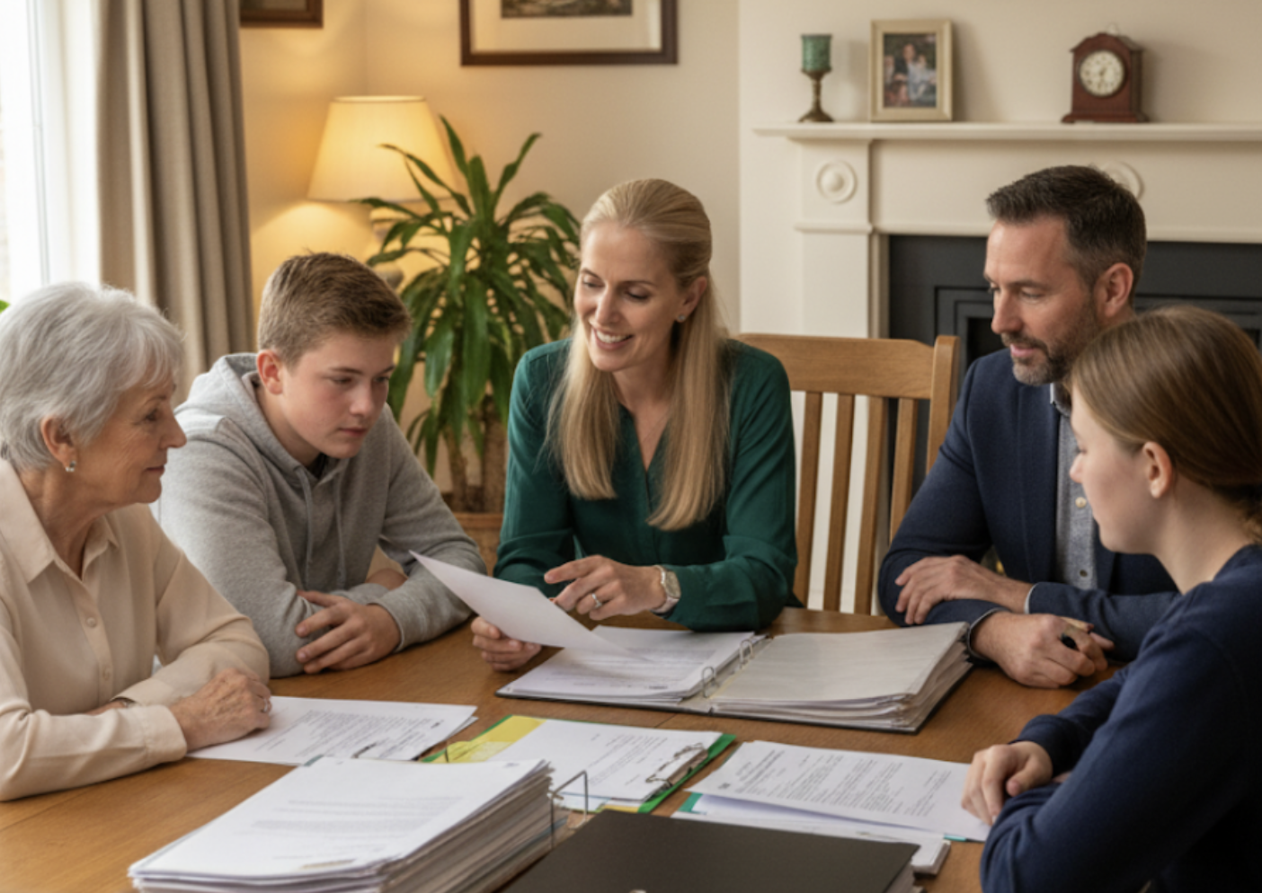 Adult children discussing downsizing options with an aging parent at a kitchen table in a Louisville Kentucky home